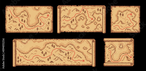 Pixel map paper scrolls, vector travel or pirate game UI assets. Pixel art maps on old parchment, pirate treasure hunt and adventure navigation scrolls with grunge texture, red routes and crosses