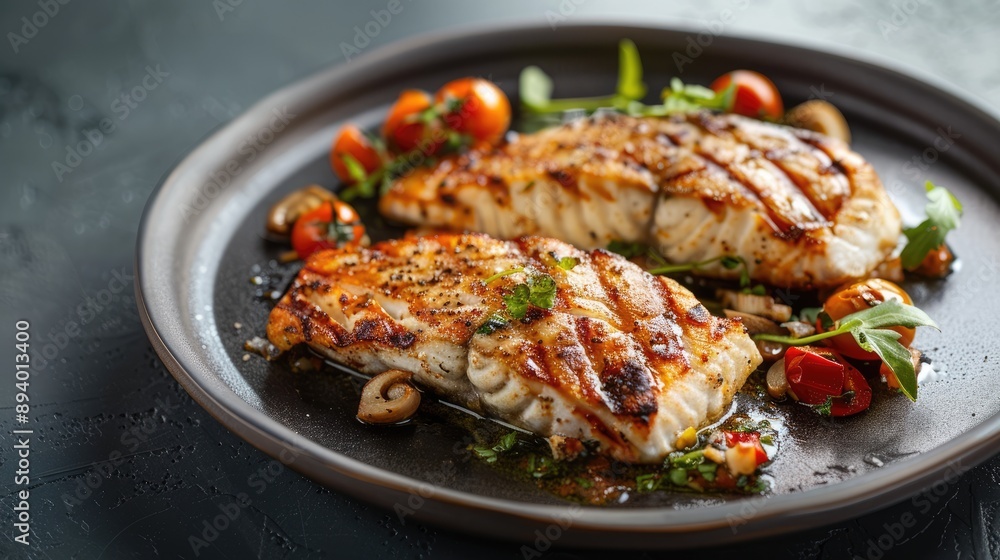 Pan-Seared Tilapia Served on Plate, Side Angle. Empty Space. Pan-Seared Tilapia Served on Plate, Side Angle. Empty Space.