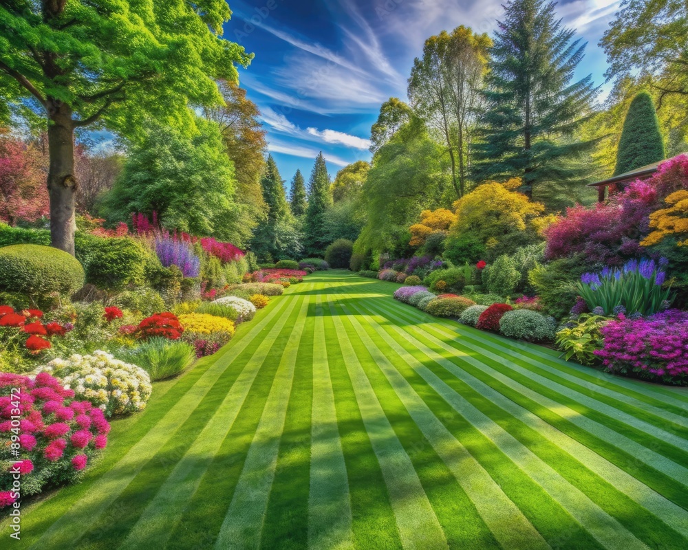 Obraz premium Vibrant green manicured lawn with perfectly striped patterns stretches across a serene backyard, surrounded by lush trees and colorful blooming flowers in a private residence.