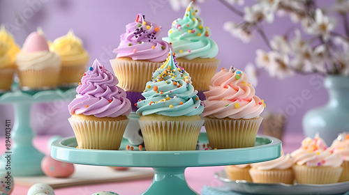 A delightful display of assorted cupcakes with pastel-colored frosting and sprinkles on a tiered stand, perfect for a festive celebration. Concept of dessert, baking, and celebration.