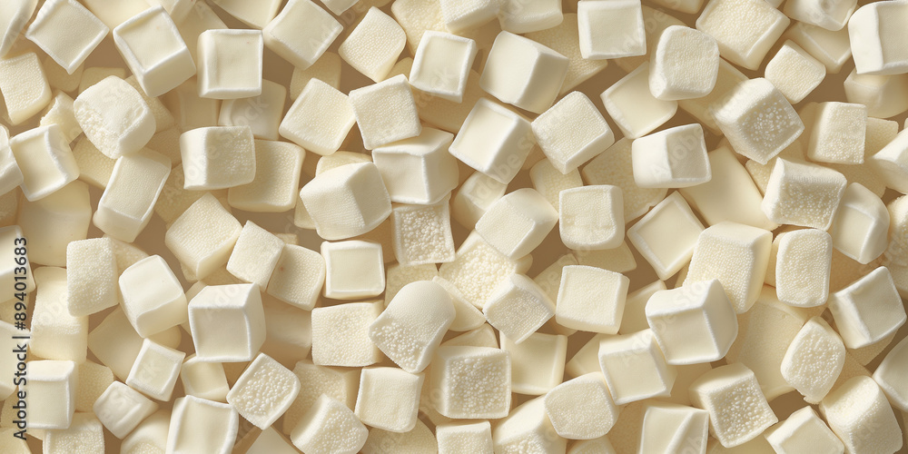 A cute and dreamy, aesthetic background of close-up of soft cube shaped soft ivory marshmallows, each piece showcasing its fluffy and powderly texture A cute and dreamy, aesthetic background of close-up of soft cube shaped soft ivory marshmallows, each piece showcasing its fluffy and powderly texture