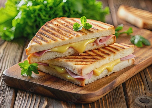 Freshly toasted ham and melted cheese panini with crispy grill marks, served on a wooden cutting board with a side of fresh green lettuce leaves. photo