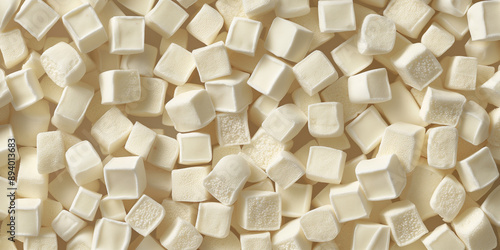 A cute and dreamy, aesthetic background of close-up of soft cube shaped soft ivory marshmallows, each piece showcasing its fluffy and powderly texture photo