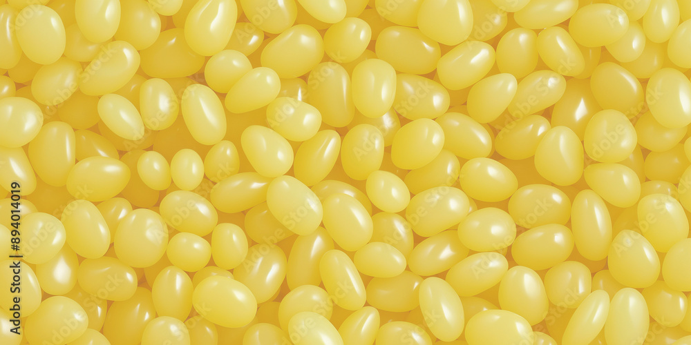 A cute and dreamy, aesthetic background of close-up of round shaped pastel yellow jelly beans, each piece showcasing its smooth texture and shiny coating
