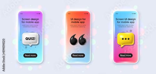 Phone 3d mockup gradient screen. Quiz tag. Answer question sign. Examination test symbol. Quiz phone mockup message. 3d chat speech bubble. Yellow text box app. Vector