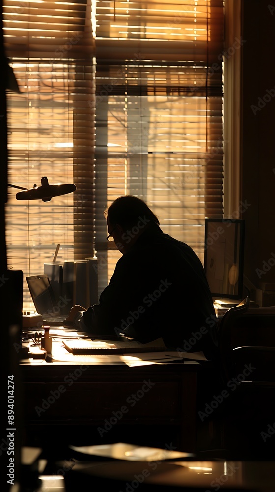 Silhouette of a man working at a desk in front of a window. Silhouette of a man working at a desk in front of a window.