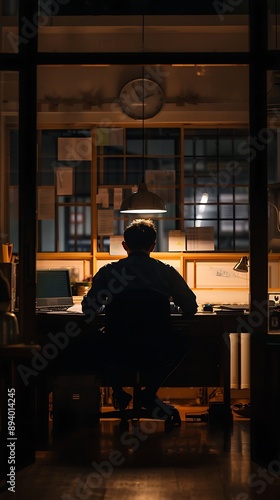 Silhouette of a person working on a laptop in an office at night.