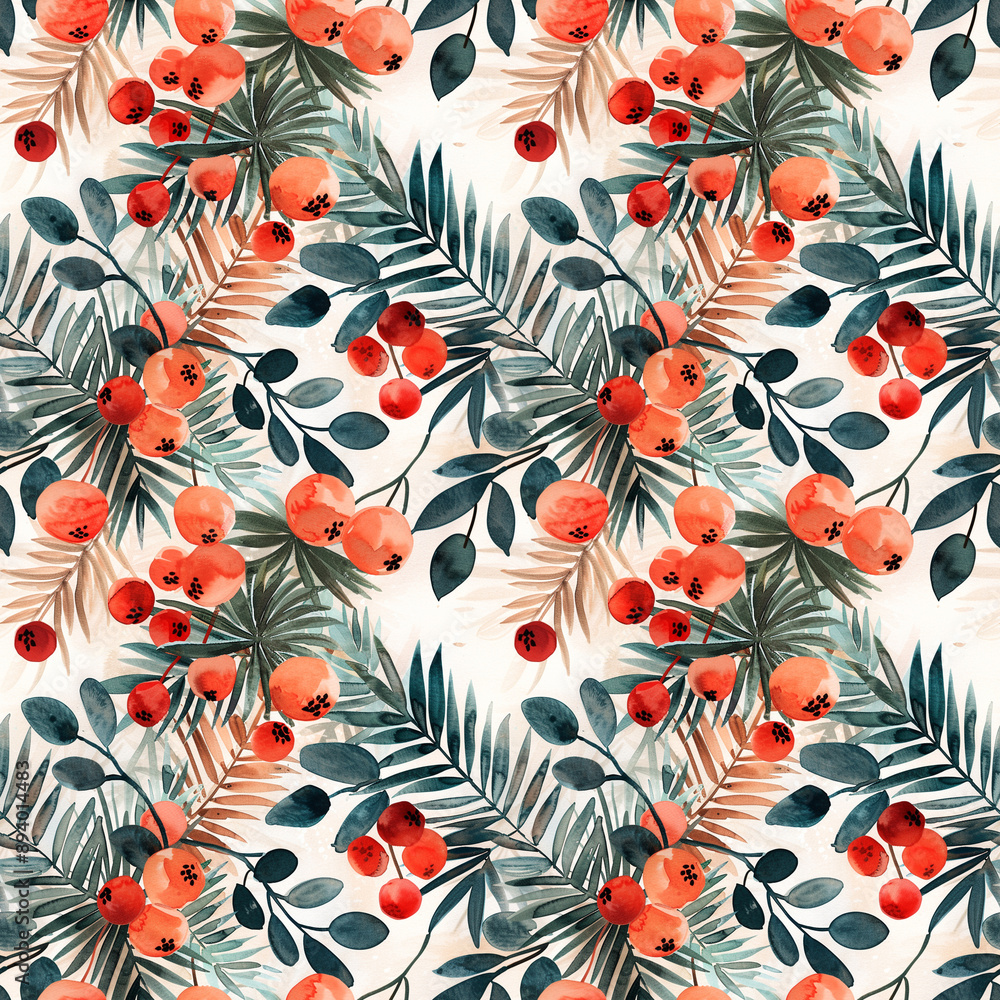 Seamless Pattern Vibrant Watercolor Seamless Pattern with Tropical Leaves and Red Berries. Seamless Pattern Vibrant Watercolor Seamless Pattern with Tropical Leaves and Red Berries.
