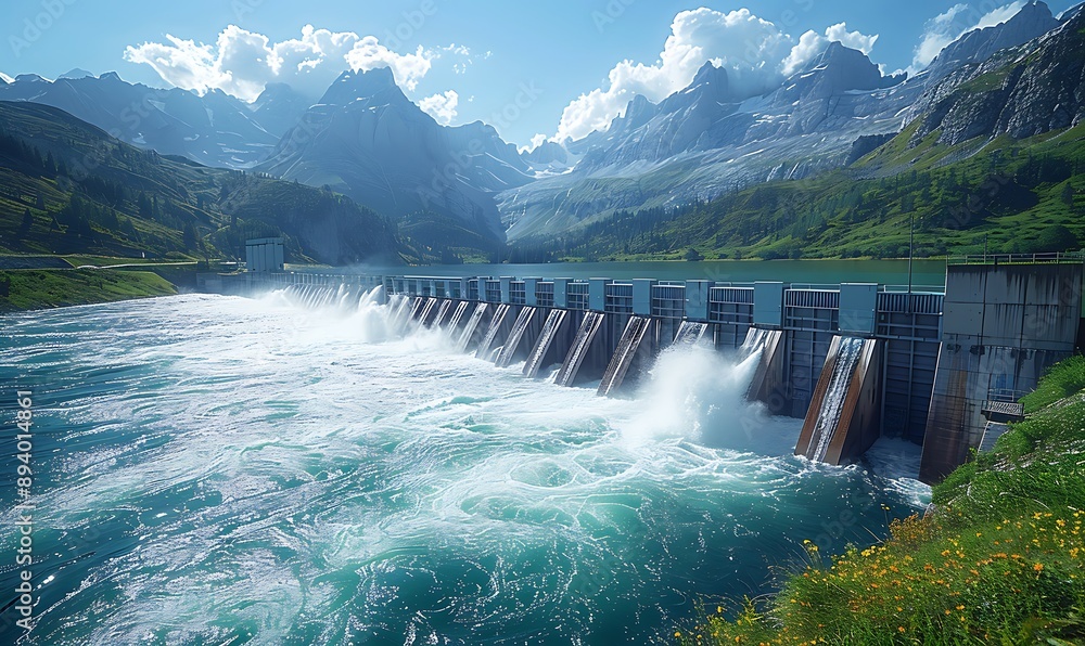 Fototapeta premium Hydroelectric dam with rushing water and electric turbines turning with the force of the flowing river water , generating clean energy for ecology and zero carbon targets 