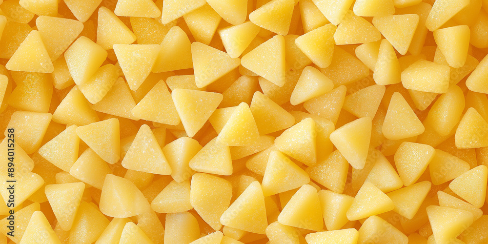 A cute and dreamy, aesthetic background of close-up of triangle shaped lemon yellow sugar candies, each piece showcasing its crunchy texture and sparkly finish A cute and dreamy, aesthetic background of close-up of triangle shaped lemon yellow sugar candies, each piece showcasing its crunchy texture and sparkly finish