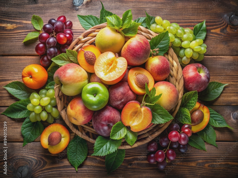 Vibrant arrangement of fresh peaches, grapes, and sliced citrus on a dark wooden table, surrounded by green leaves, with ample copy space for text or design. Vibrant arrangement of fresh peaches, grapes, and sliced citrus on a dark wooden table, surrounded by green leaves, with ample copy space for text or design.