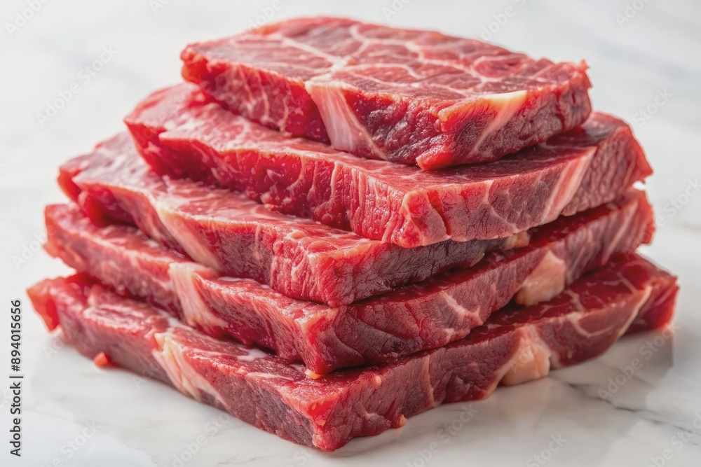 Freshly cut raw beef slices of varying sizes with marbled texture, stacked on a transparent white background, showcasing juicy tenderness and rich meat quality. Freshly cut raw beef slices of varying sizes with marbled texture, stacked on a transparent white background, showcasing juicy tenderness and rich meat quality.