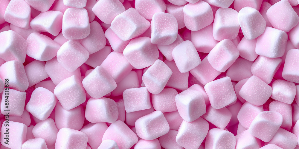 A cute and dreamy, aesthetic background of close-up of rounded cube shaped soft pastel pink marshmallows, each piece showcasing its fluffy and powderly texture and light sugar coating A cute and dreamy, aesthetic background of close-up of rounded cube shaped soft pastel pink marshmallows, each piece showcasing its fluffy and powderly texture and light sugar coating
