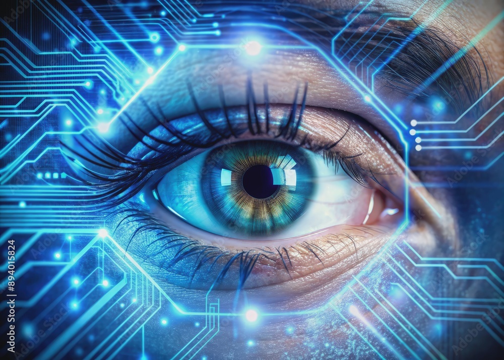 Obraz premium Futuristic transparent digital screen overlay on human eye, surrounded by glowing blue circuits, wires and microchips, with coding symbols streaming across vision.