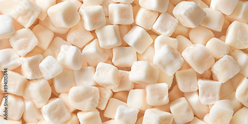 A cute and dreamy, aesthetic background of close-up of soft cube shaped soft ivory marshmallows, each piece showcasing its fluffy and powderly texture and light sugar coating photo