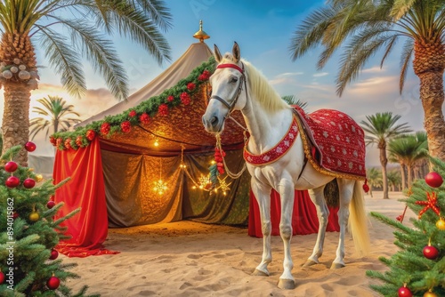 Amidst a desert oasis, a festive Arabian-style tent adorned with snowflakes and holly, features a majestic white stallion, golden saddle, and a jolly red cloak. photo