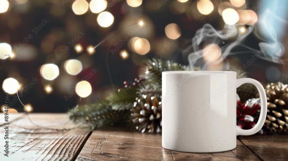 White Mug with Steam on a Wooden Table with Christmas Decorations White Mug with Steam on a Wooden Table with Christmas Decorations