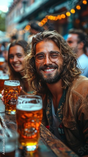 A group of young people are happily drinking beer in a European city, their faces beaming with camaraderie