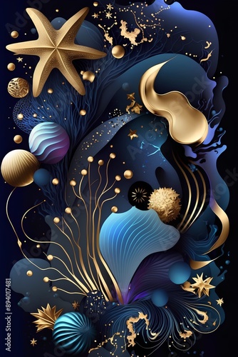 Abstract background with waves, stars and seashells. Vector illustration.