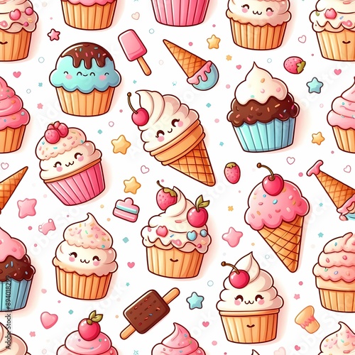 Delightful Seamless Pattern of Mini Cupcakes & Ice Cream Cones