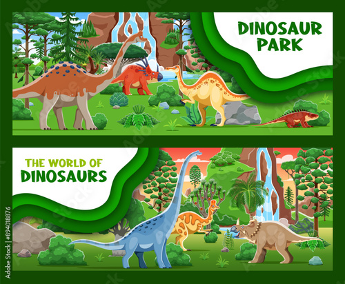 Dinosaurs park paper cut banners. Vector horizontal cards depict a lush dino world with species of dinosaurs roaming amidst lush landscape with greenery, waterfalls and rocks, 3d papercut backgrounds photo