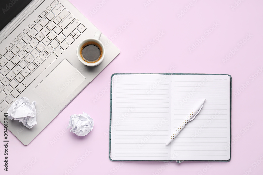 Composition with blank notebook, pen, laptop and crumpled paper on color background Composition with blank notebook, pen, laptop and crumpled paper on color background