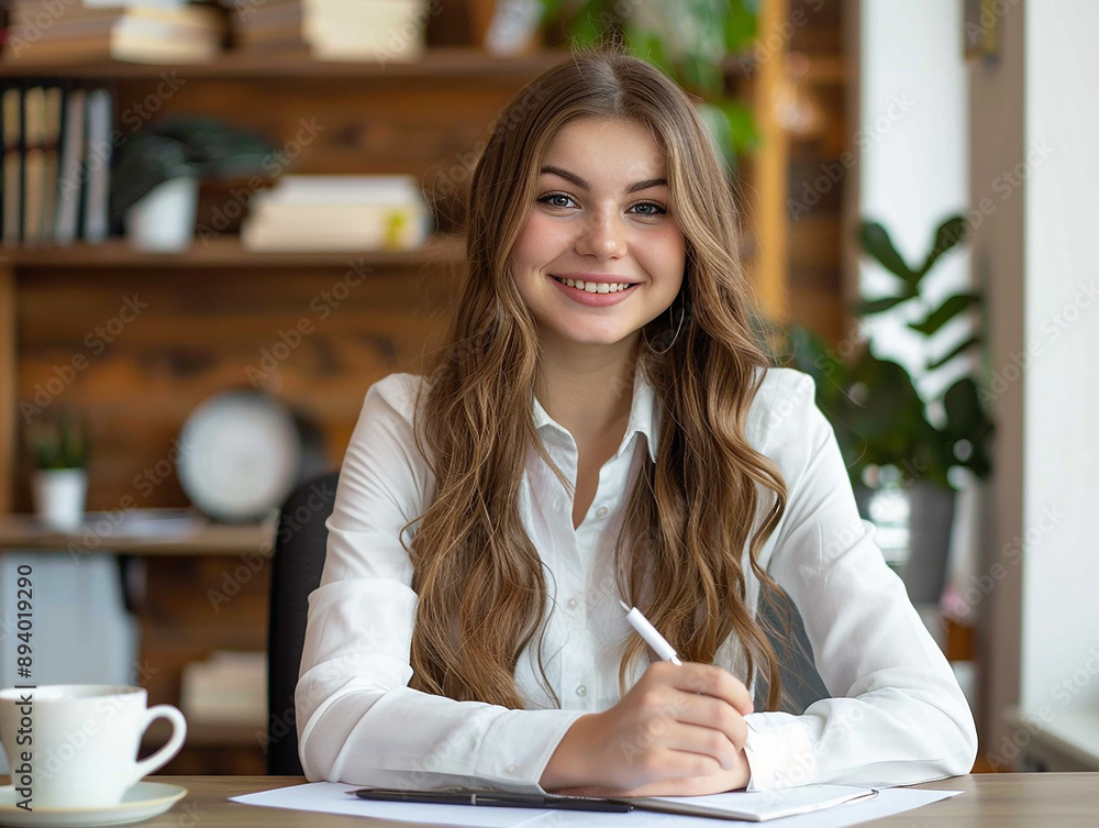 Professional Woman Working at Desk in Modern Office Professional Woman Working at Desk in Modern Office