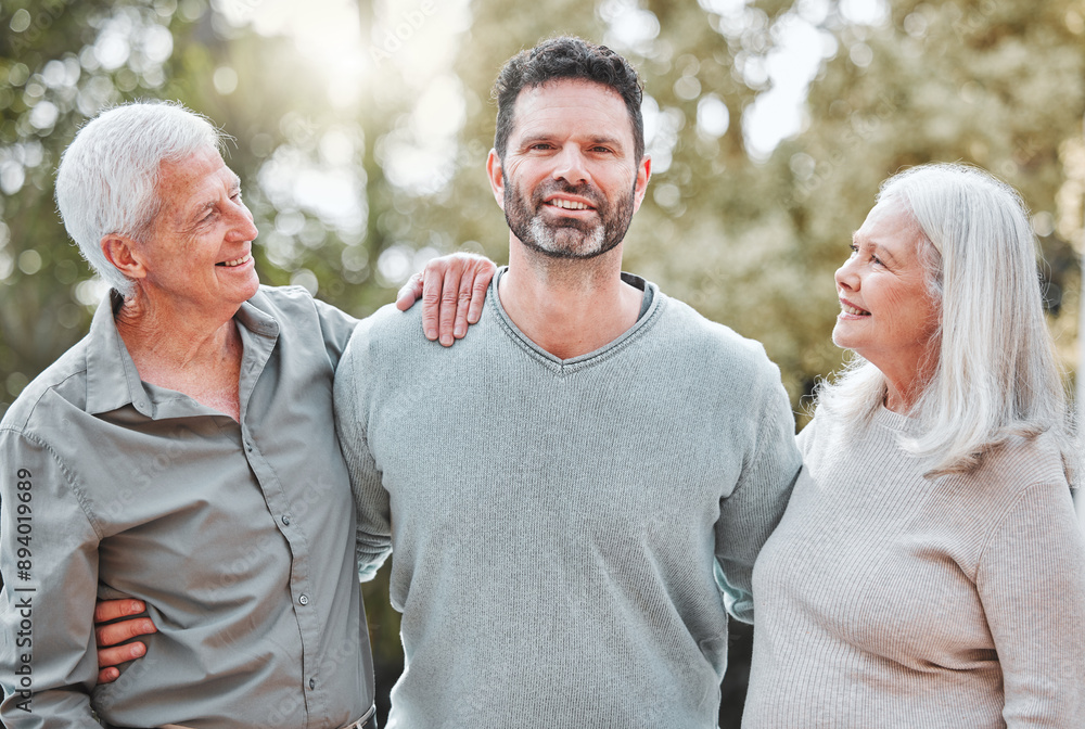 Obraz premium Portrait, man and senior parents in garden with smile, embrace and care with outdoor bonding together. Elderly mother, father and adult son in backyard with hug, support and love for happy family