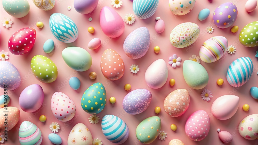 Vibrant pastel Easter eggs scattered artfully on a soft pink background, showcasing delicate textures and whimsical springtime charm. Vibrant pastel Easter eggs scattered artfully on a soft pink background, showcasing delicate textures and whimsical springtime charm.