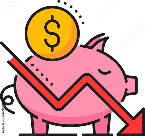 Depreciation of savings line icon with color broken piggy bank, money and down arrow graph. Vector finance, business and economy crisis, money loss and bankruptcy isolated outline symbol