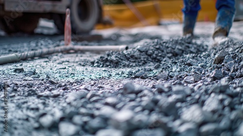 Point of greatest focus in horizontal close up shot of rock bed preparation for cement pour