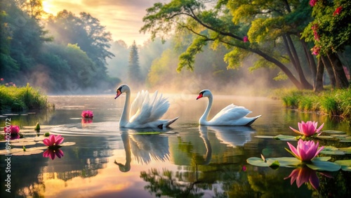 Serenely majestic swans glide effortlessly across mirror-like lake surface, surrounded by lush greenery and vibrant water lilies, in early morning haze. photo