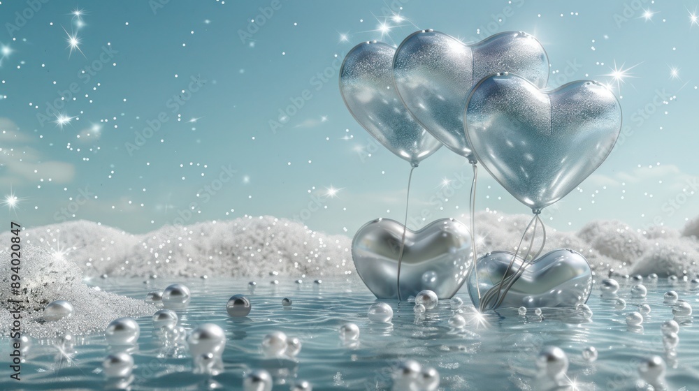 Crystal clear waters, silver heart balloons, platinum pearls, stars, and a light petrol mist Crystal clear waters, silver heart balloons, platinum pearls, stars, and a light petrol mist