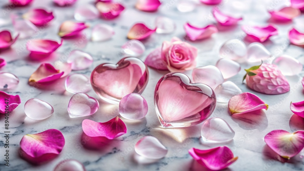 Pink crystal hearts scattered on white marble surface, surrounded by delicate rose petals, radiating love and warmth in soft focus. Pink crystal hearts scattered on white marble surface, surrounded by delicate rose petals, radiating love and warmth in soft focus.