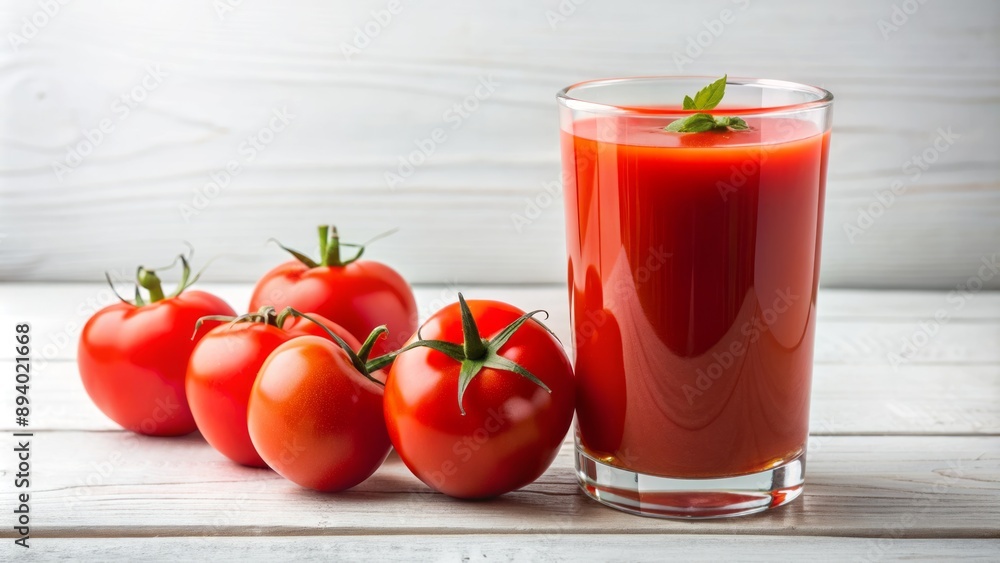 Vibrant red freshly squeezed tomato juice in a transparent glass against a crisp white background, showcasing healthy refreshing beverage. Vibrant red freshly squeezed tomato juice in a transparent glass against a crisp white background, showcasing healthy refreshing beverage.