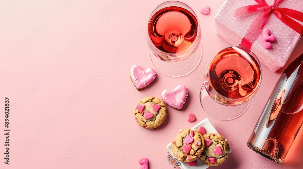 Valentine s Day Composition with Wine Glass Cookies and Gift on Pink Background Valentine s Day Composition with Wine Glass Cookies and Gift on Pink Background