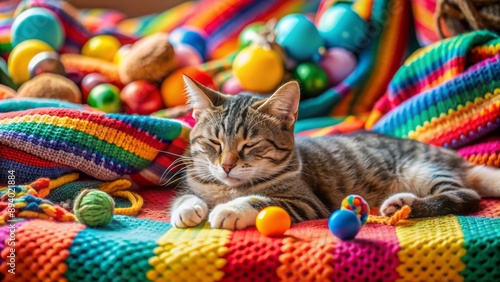 A serene and cozy atmosphere surrounds a lazy feline resting on a colorful blanket with a few scattered childhood toys.