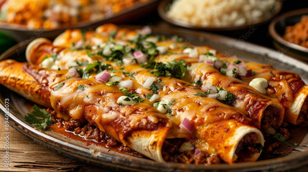 A realistic scene of a family gathering with a variety of enchiladas being served. The enchiladas include mole enchiladas, enchiladas poblanas, and shrimp enchiladas with a creamy, generativa IA A realistic scene of a family gathering with a variety of enchiladas being served. The enchiladas include mole enchiladas, enchiladas poblanas, and shrimp enchiladas with a creamy, generativa IA