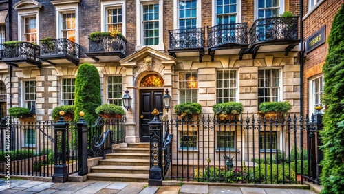 Majestic Georgian fa?ade with ornate stone carvings, wrought iron fencing, and manicured greenery on a serene, upscale Mayfair street.