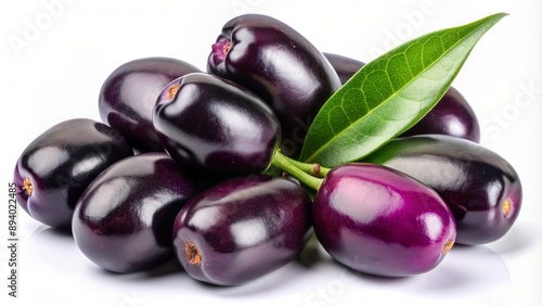 Dark purple Jamun fruit with green leaves and stem, isolated on a transparent background, highlighting its medicinal Ayurvedic properties.