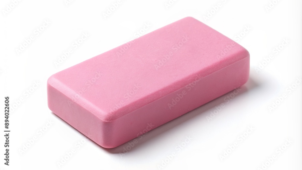Isolated pink rectangular eraser with slight imperfections and subtle shadows on a pristine white background, exuding cleanliness and simplicity. Isolated pink rectangular eraser with slight imperfections and subtle shadows on a pristine white background, exuding cleanliness and simplicity.