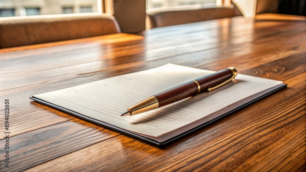 Polished wooden desk with sleek black pen lying on top of neatly arranged important business documents and contracts. Polished wooden desk with sleek black pen lying on top of neatly arranged important business documents and contracts.