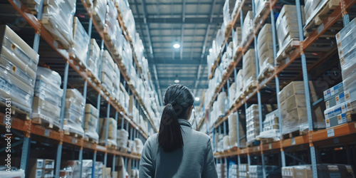 A warehouse worker walks down an aisle of shelves filled with boxes. The shelves are tall and reach up to the ceiling.