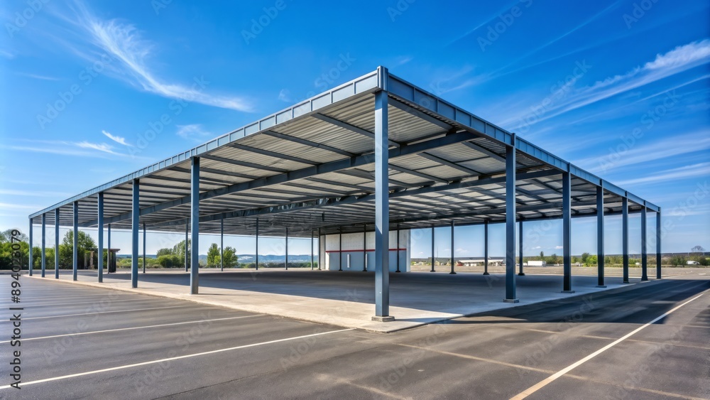 Fototapeta premium Large gray metal structure with straight walls and sloping roof sits alone in vast empty parking lot under cloudless sky.