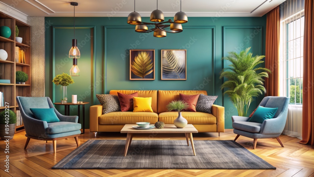Vibrant hues adorn walls, plush sofa, and eclectic decorative pieces in a stylish, modern living room exuding warmth and elegance. Vibrant hues adorn walls, plush sofa, and eclectic decorative pieces in a stylish, modern living room exuding warmth and elegance.