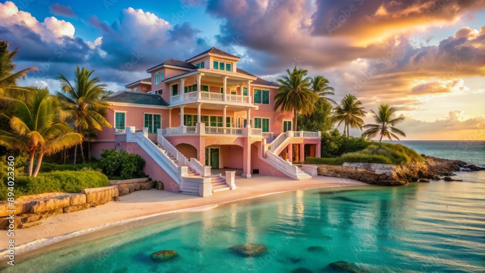 Elegant beachfront estate features sweeping rose-hued art gallery and majestic floating staircase overlooking turquoise ocean's serene tranquility. Elegant beachfront estate features sweeping rose-hued art gallery and majestic floating staircase overlooking turquoise ocean's serene tranquility.