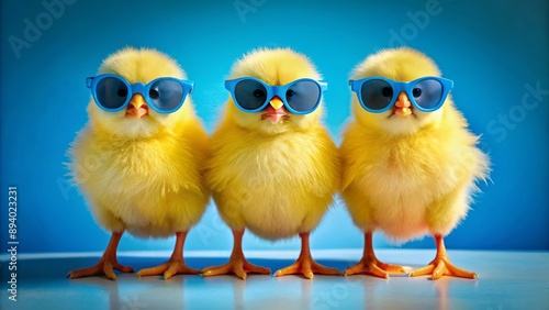 Three adorable yellow chicks wear trendy blue shades, posing against a vibrant studio blue background, exuding Easter charm.