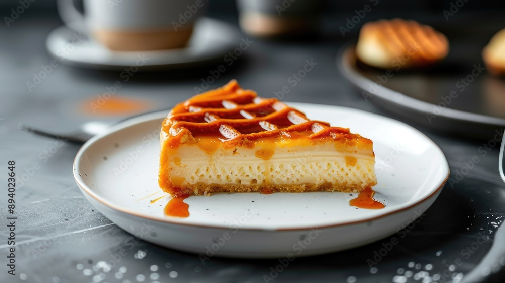 Slice of caramel cheesecake on plate with coffee Slice of caramel cheesecake on plate with coffee
