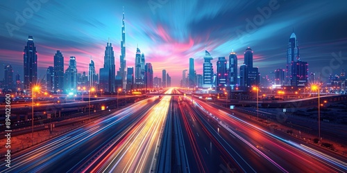 Dubai Skyline with Traffic Light Trails at Sunset