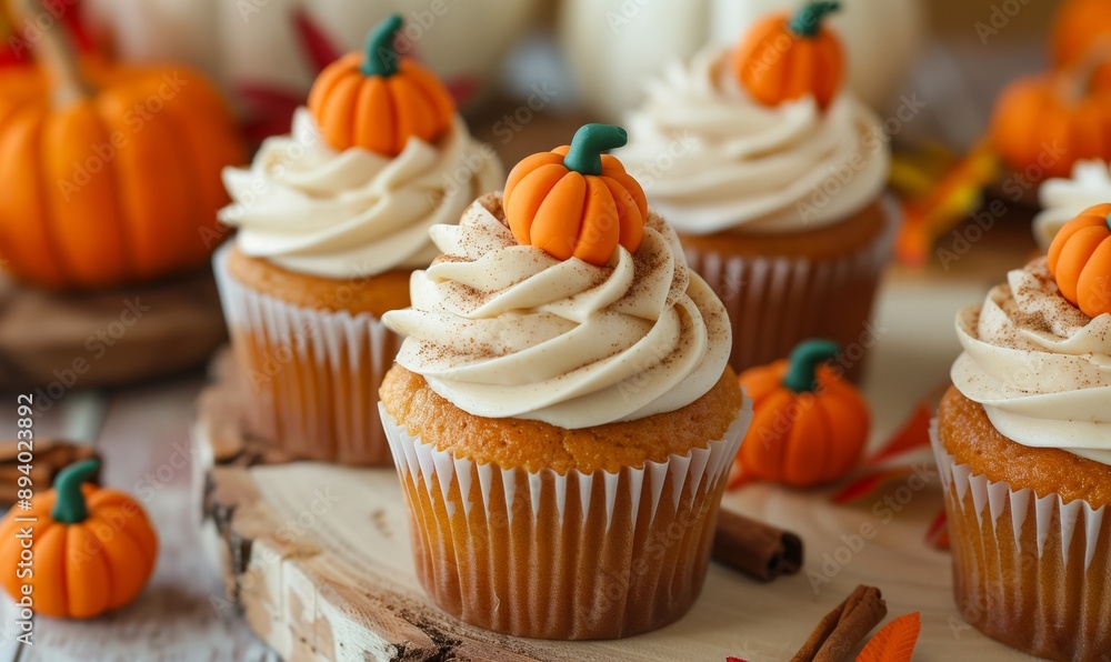 Beautiful pumpkin cupcakes covered in cinnamon cream cheese in a Halloween theme. Themed cupcake with a pumpkin on top for a Halloween party. Beautiful pumpkin cupcakes covered in cinnamon cream cheese in a Halloween theme. Themed cupcake with a pumpkin on top for a Halloween party.